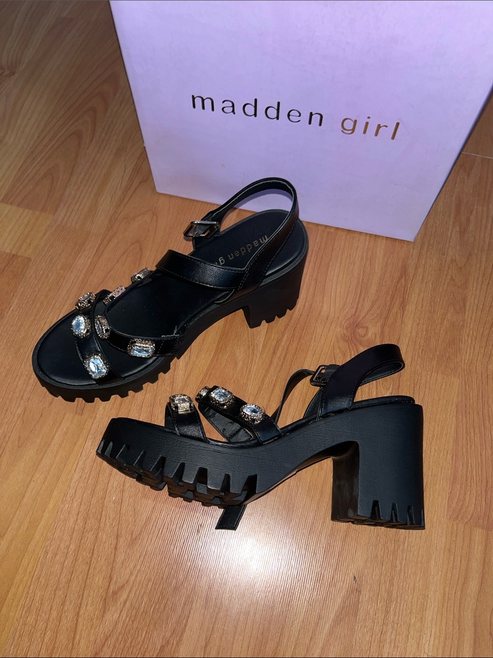 Madden Girl Black Jeweled Chuny Sandal Heels